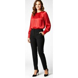 Versona Red Satin Long Sleeve Blouse Medium V-Neck Pleated Cuffs  Front Women